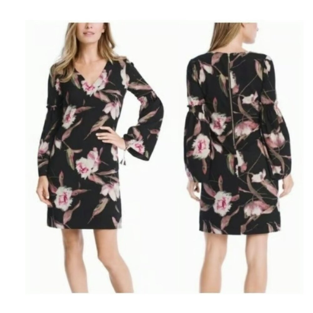 White House Black Market Shift Dress Womens 10‎ Black Floral Bell Sleeve Career